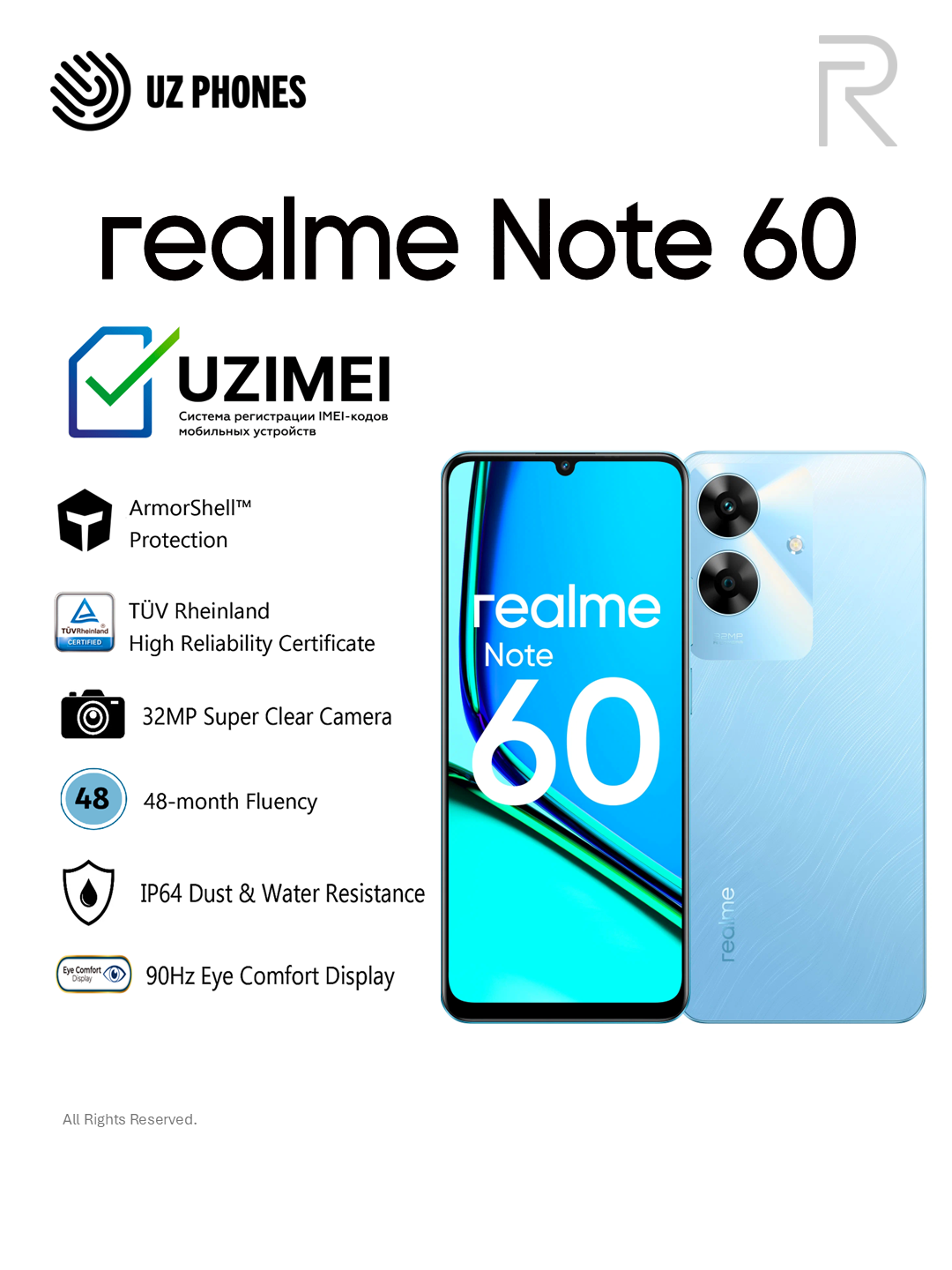 Смартфон Realme Note 60, IPS 90 Hz дисплей, 5000 mAh, 10W, 4/128 ГБ, светло-синий