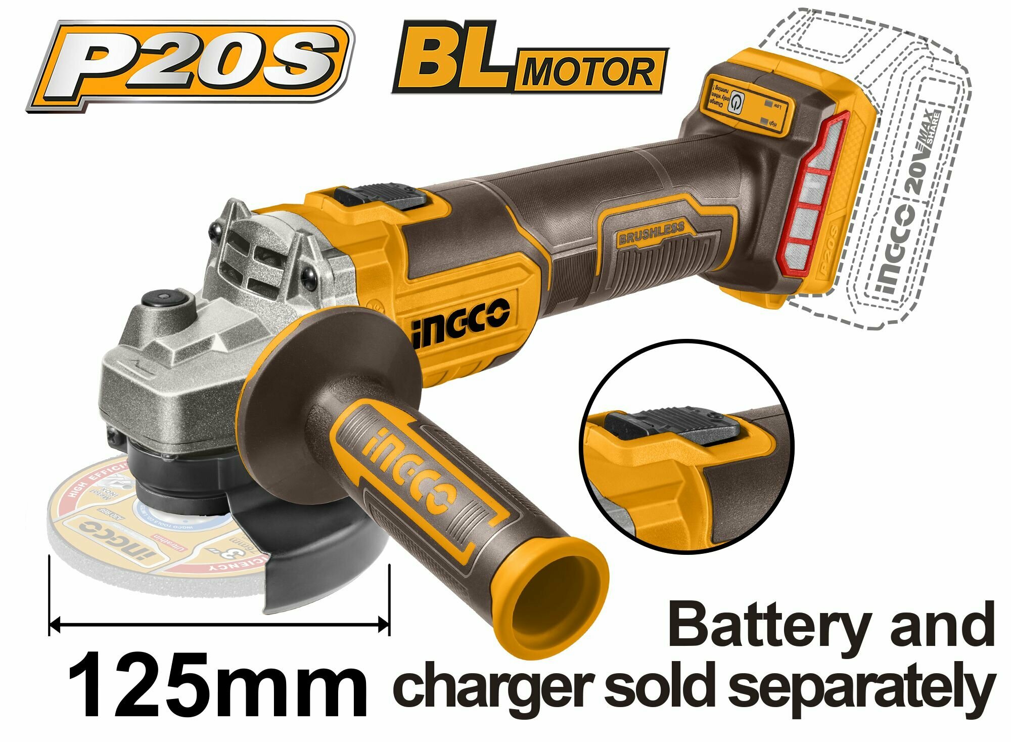 Аккумуляторная угловая шлифовальная машина (УШМ) INGCO CAGLI201258 INDUSTRIAL 20 В 125 мм