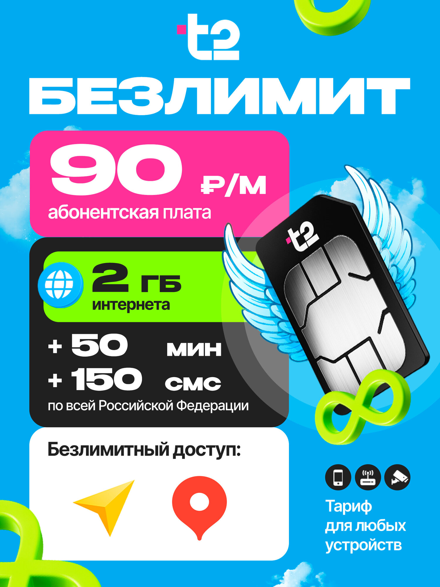 SIM-карта t2 СИМ 2 гб + 50 мин + 150 смс для любых устройств за 90 руб/мес + в тариф включена раздача
