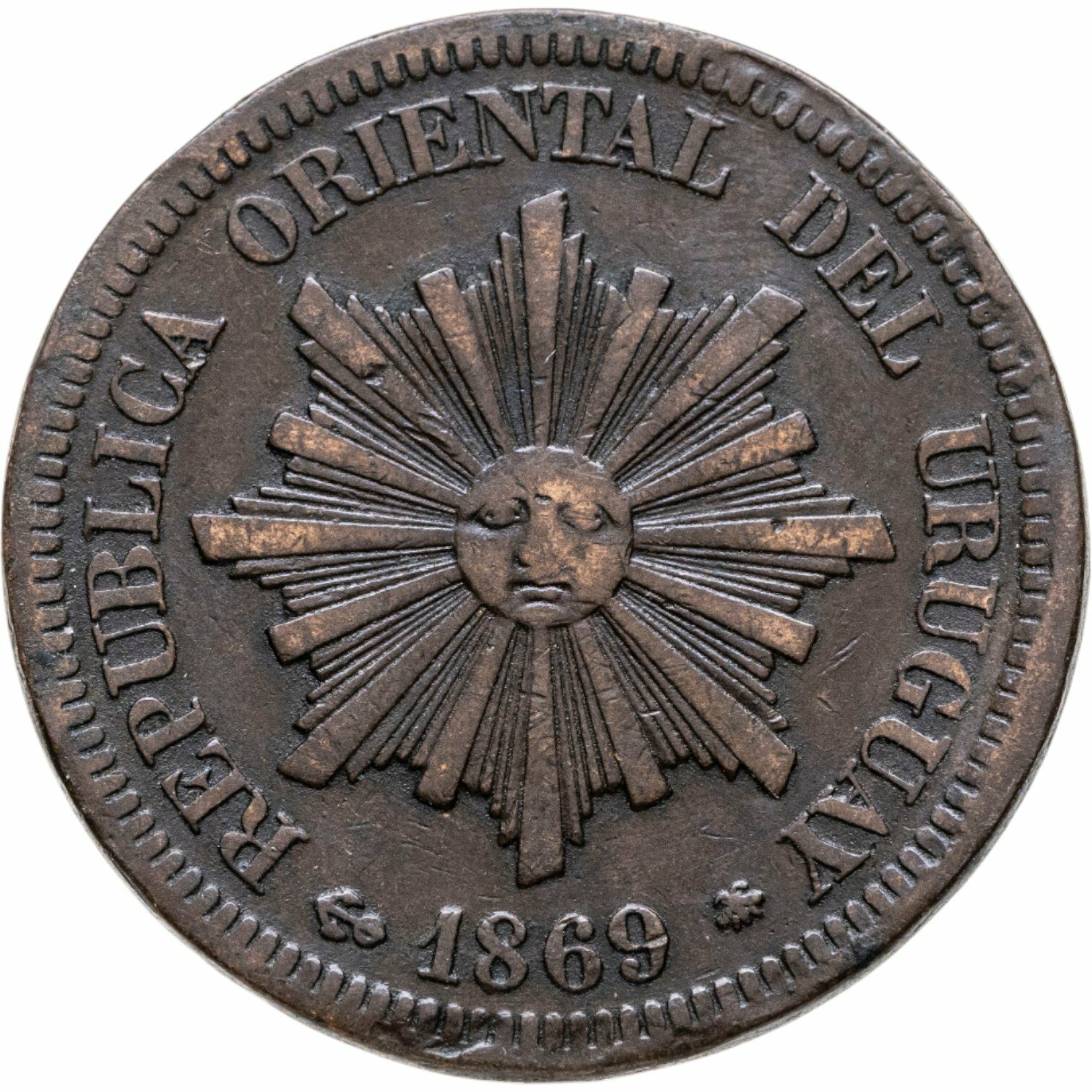 Уругвай 2 сентесимо centesimos 1869, Бронза, в сохранности VF-XF
