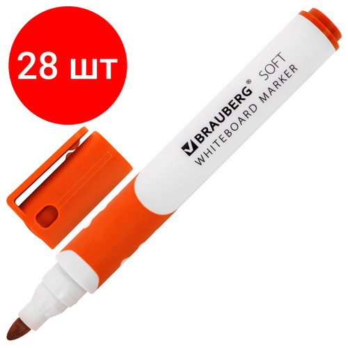 Комплект 28 шт, Маркер стираемый для белой доски оранжевый, BRAUBERG SOFT, 5 мм, резиновая вставка, 152108 маркер brauberg soft 5mm orange 152108
