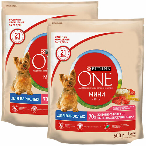 PURINA ONE мини для взрослых собак маленьких пород с говядиной и рисом (0,6 + 0,6 кг) корм для собак purina one adult для активных мелких пород с говядиной и рисом сух 600г