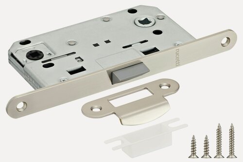 Изображение товара Защелка межкомнатная с замком, бесшумный замок поворотный врезной для двери с ответной планкой, защелка сантехническая многофункциональная Rucetti RP1895 SN сатин никель