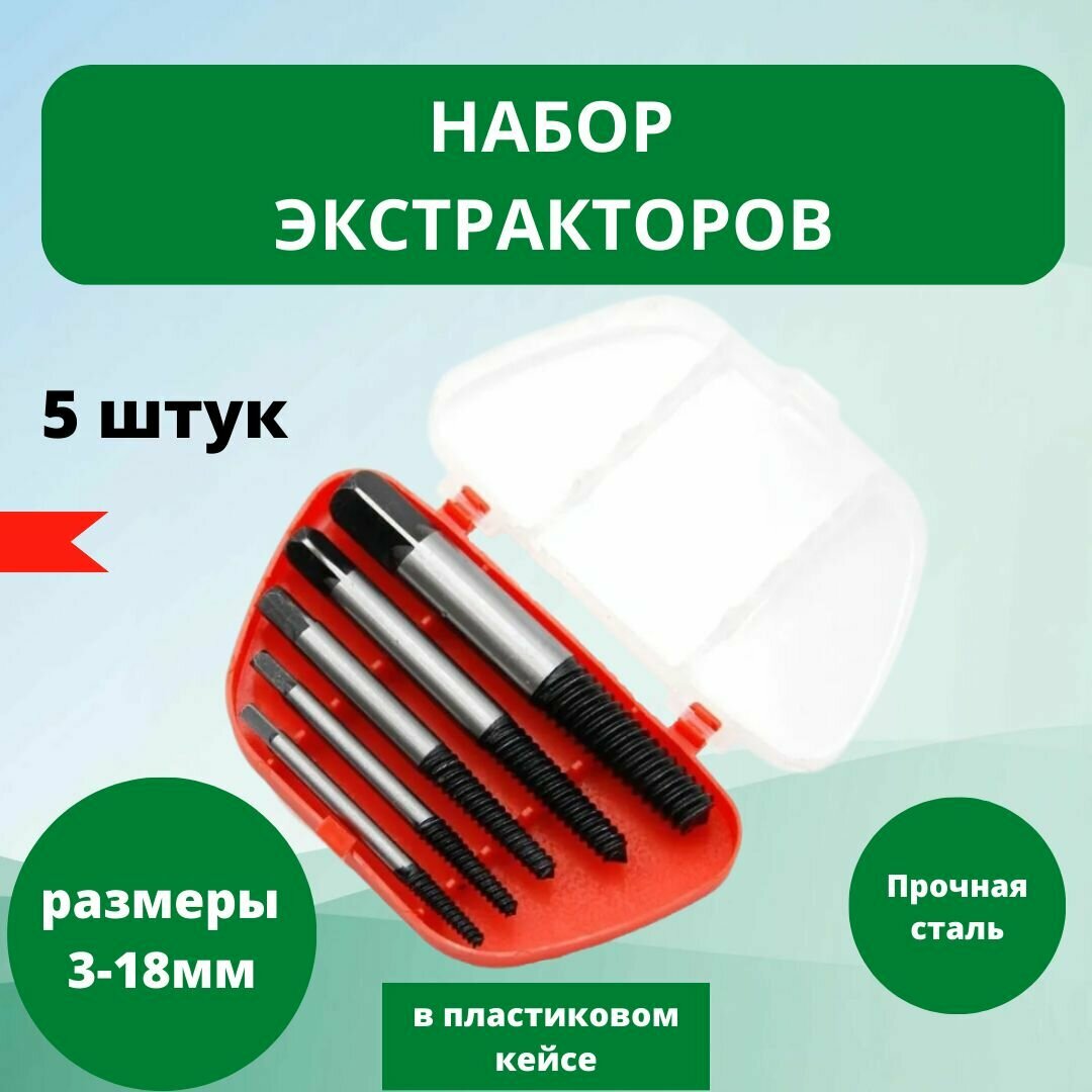 фото Экстракторы для выкручивания сломанных саморезов и болтов, набор 5 шт, М3-М18, с кейсом
