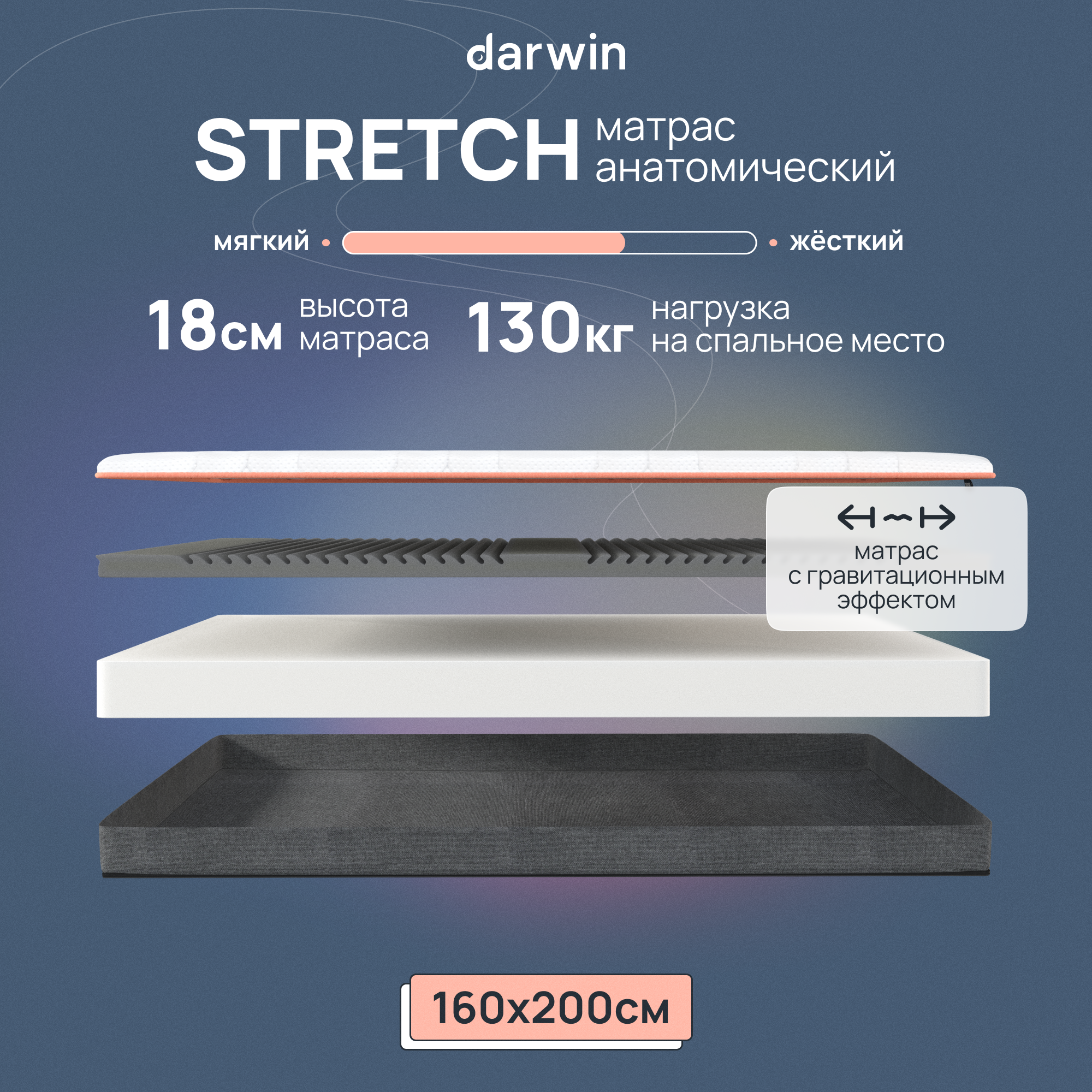 Ортопедический матрас Stretch 160х200 см, беспружинный, высота 18 см