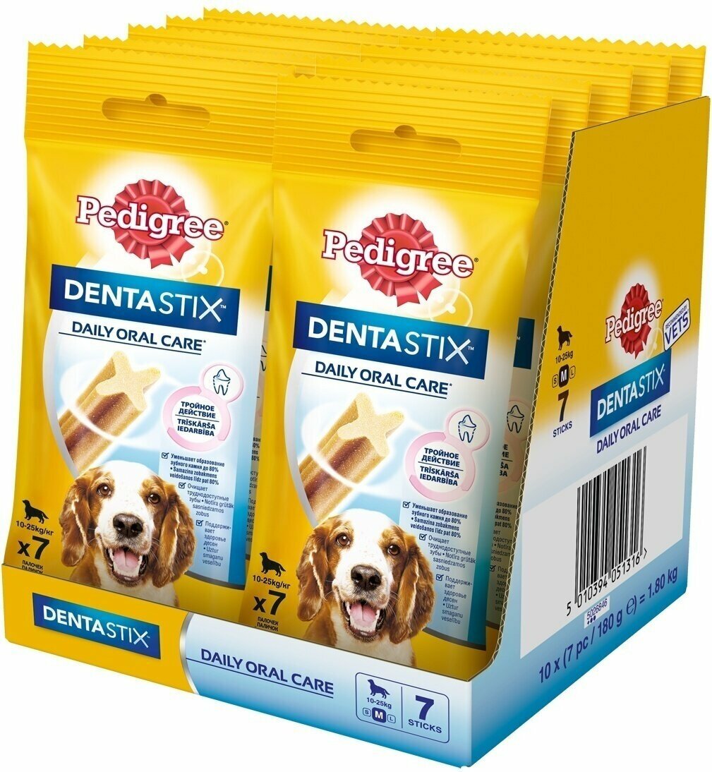 Лакомство для собак Pedigree Denta Stix для средних пород, 180 г(10штук в упак.)