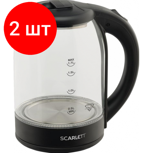 комплект 2 шт чайник scarlett sc ek21s25 1 5 л 1350 вт закрытый нагревательный элемент сталь sc ek21s25 Комплект 2 штук, Чайник электрический SCARLETT SC-EK27G90, стекло, 1800Вт, 1.7л, черный