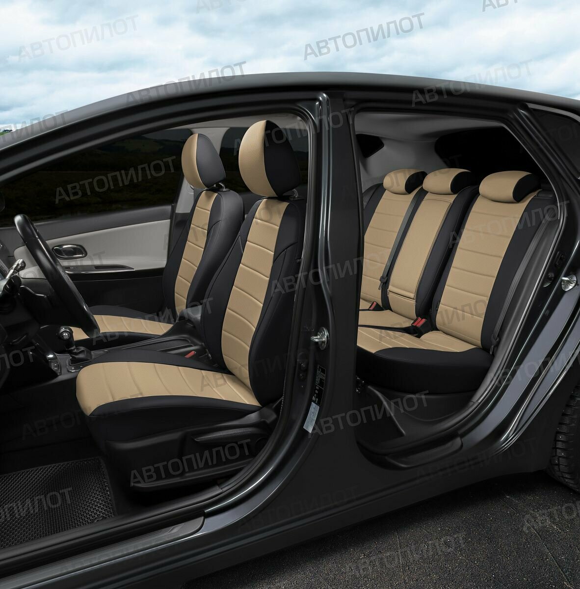Комплект чехлов Автопилот Экокожа Ford Focus III Sport/Titanium Sd/Hb/Wag с 11г. Черный + Темно-бежевый