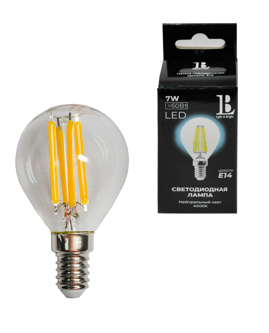 E14-7W-G45-4000K Лампа LED (шарик прозрачный Филамент) L&B
