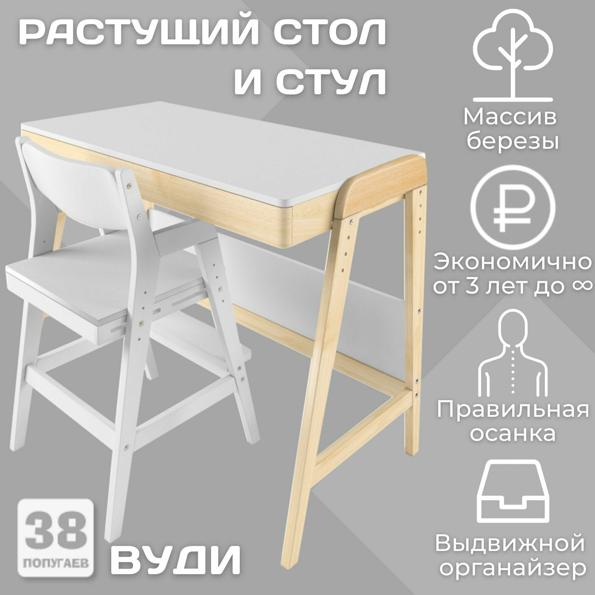 Комплект растущий стол и стул "Вуди" (38 попугаев), цвет Комбо-Белый/Белый