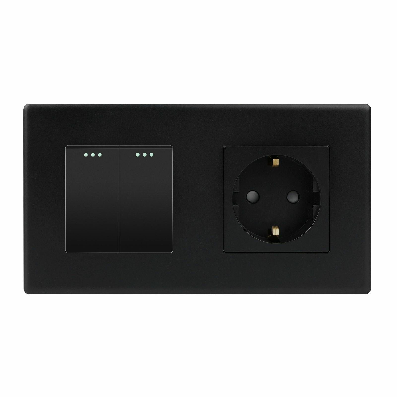 фото Выключатель механический с розеткой, 2 клавиши 1 розетка, 2 поста (M+1F), рамка пластик 157х86мм, цвет черный