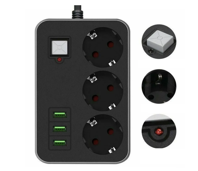 фото Сетевой фильтр на 3 розетки с 3-мя USB-портами, длина кабеля 2 метра