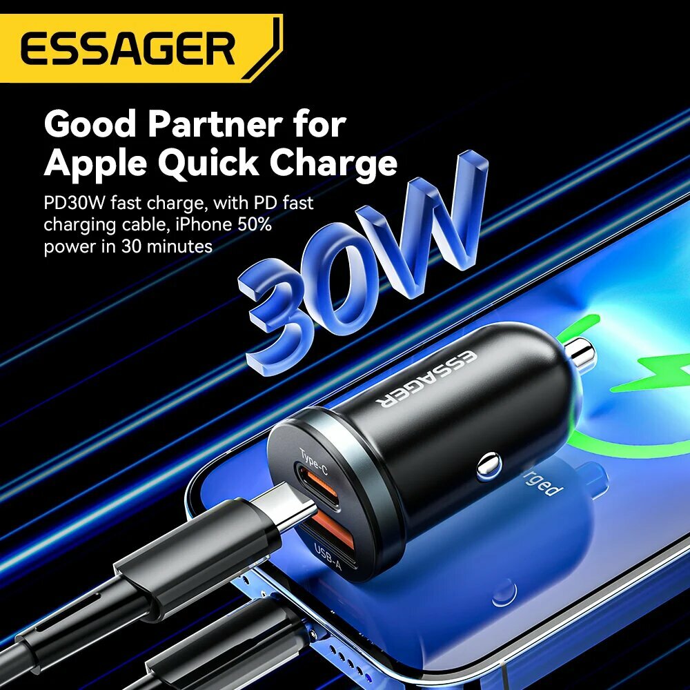 Автомобильное зарядное устройство Essager Black 30 Вт 5A PD 3.0 SCP USB Quick Charge 3.0 USB-Type-C для iPhone Xiaomi Huawei Samsung