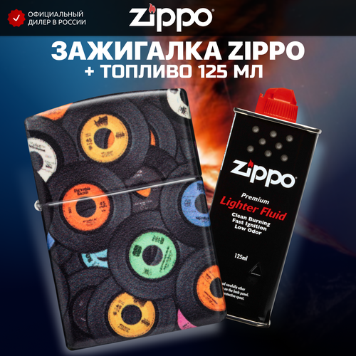 Зажигалка бензиновая ZIPPO 48770 Records + Бензин для зажигалки топливо 125 мл