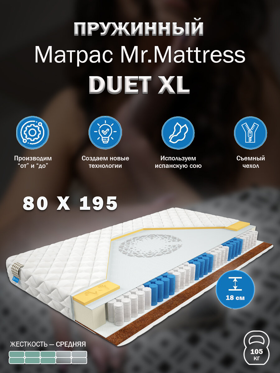 Матрас Mr.Mattress Duet XL, 80x195 см, пружинный