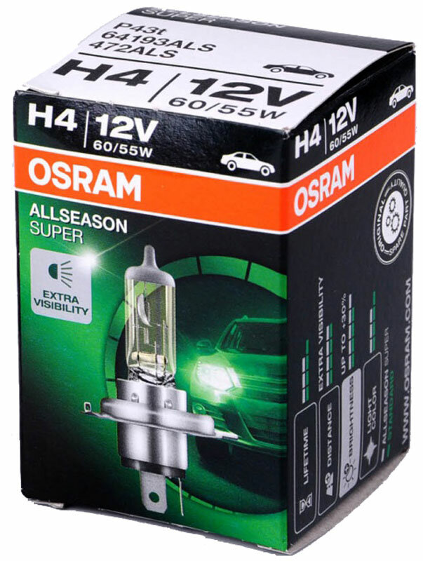 Лампа автомобильная галогеновая H4 OSRAM ALLSEASON SUPER 12V 60/55W P43t (1шт.) 64193ALS-HCB