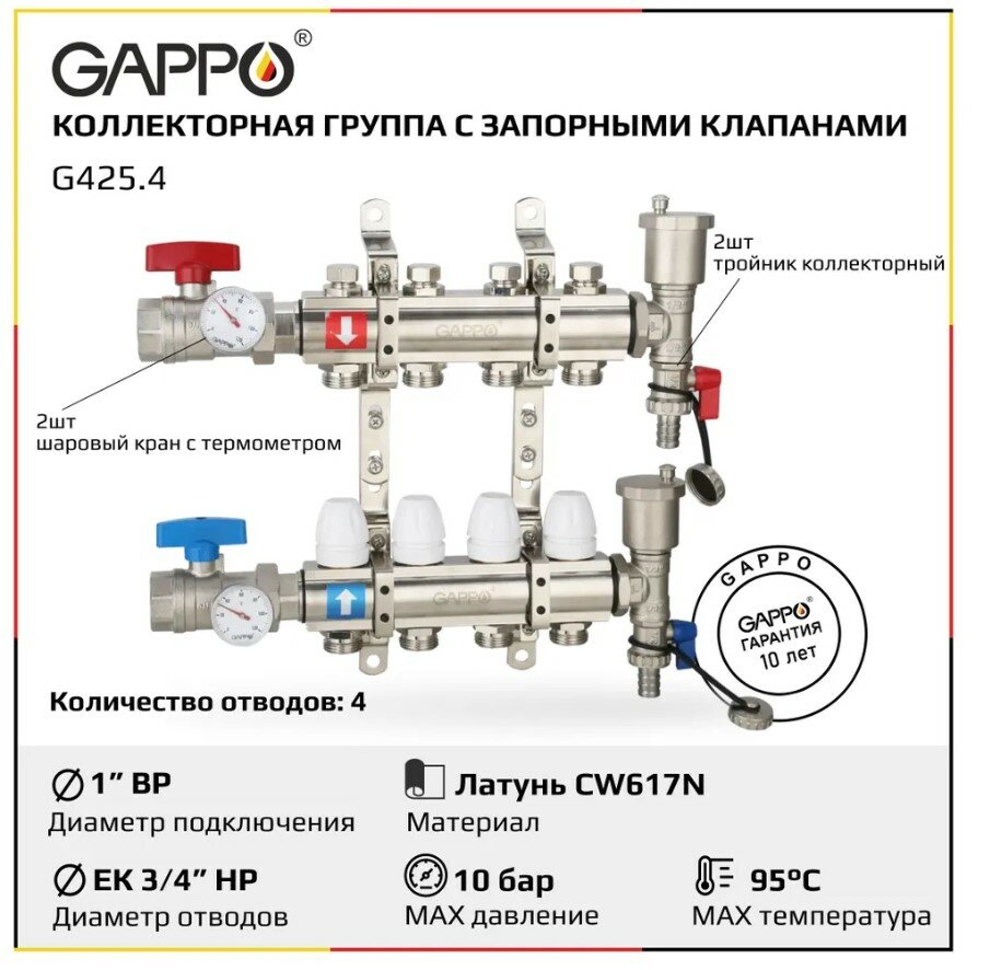 Коллектор регулируемый с запорными клапанами из латуни 5-вых. x 1" x 3/4" Gappo (G425.5)