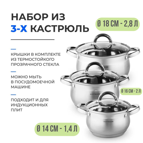 Набор кастрюль HOFFMANN Три штуки из нержавеющая сталь, 2,8 л, 2 л, 1,4 л,