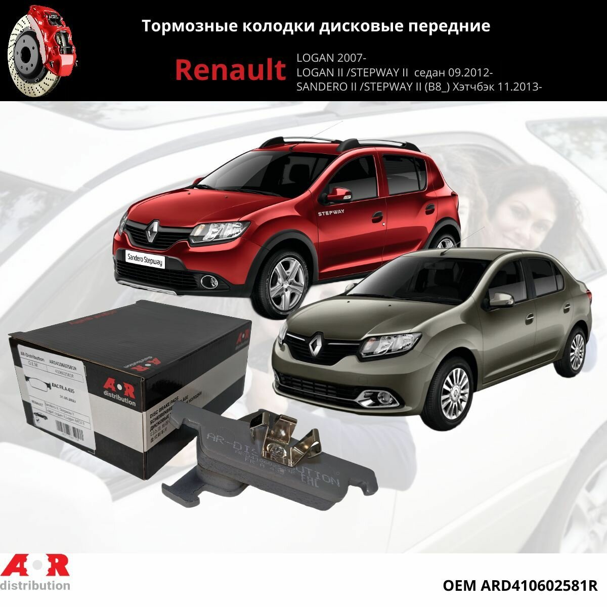 Колодки тормозные передние Logan 2 13-, Sandero 2 14-, OEM 410602581R