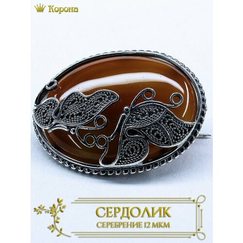 Брошь Брошь посеребренная овальная со вставкой из натурального сердолика, сердолик, коричневый