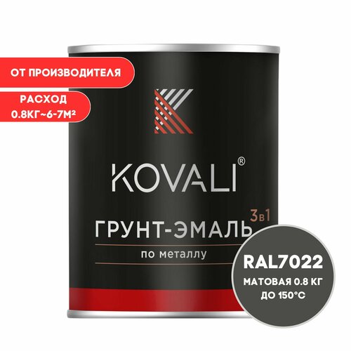 Грунт-эмаль 3 в 1 KOVALI матовая Серая умбра RAL 7022 0,8кг краска по металлу, по ржавчине, быстросохнущая , краска Ковали