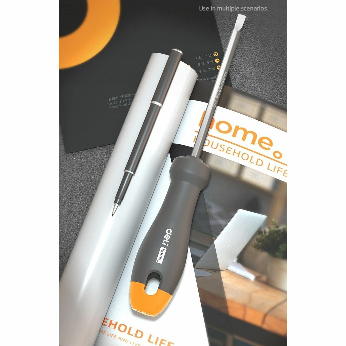 Двухсторонняя отвертка Deli "Home Series Gray" HT1055C SL5+PH1х100мм, Cr-V, Soft Touch рукоятка, эксклюзивный дизайн, подарочная упаковка