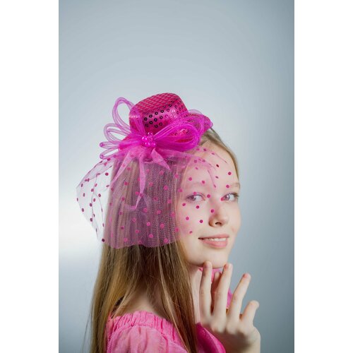 Шляпка на зажиме карнавальная для праздника с пайетками и бантом розовая