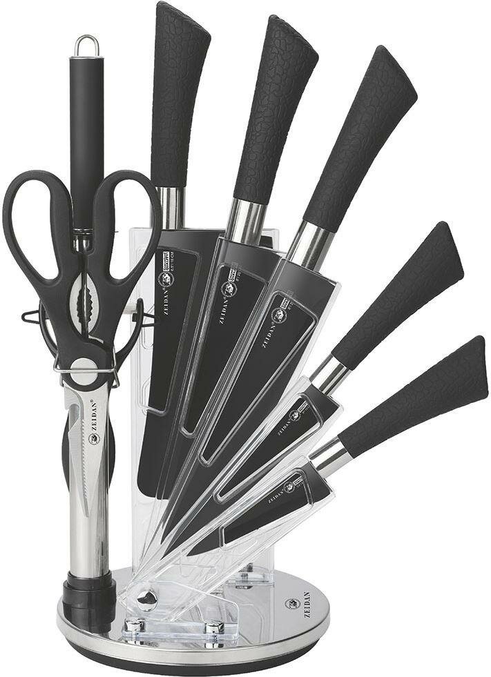 Набор ножей кухонных на подставке 9 предметов Zeidan ножи кухонные сталь с подставкой, в комплекте нож универсальный стальной 5 шт, подставка для ножей, овощечистка, ножницы кухонные, точилка для ножей