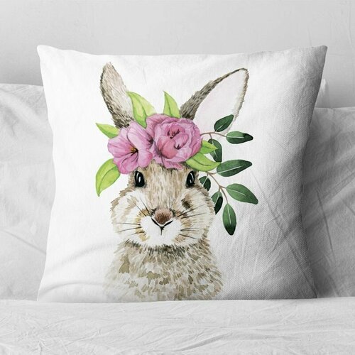 Подушка декоративная Зайки и Цветы Зайка с цветком на голове 40х40 велюр арт 8029