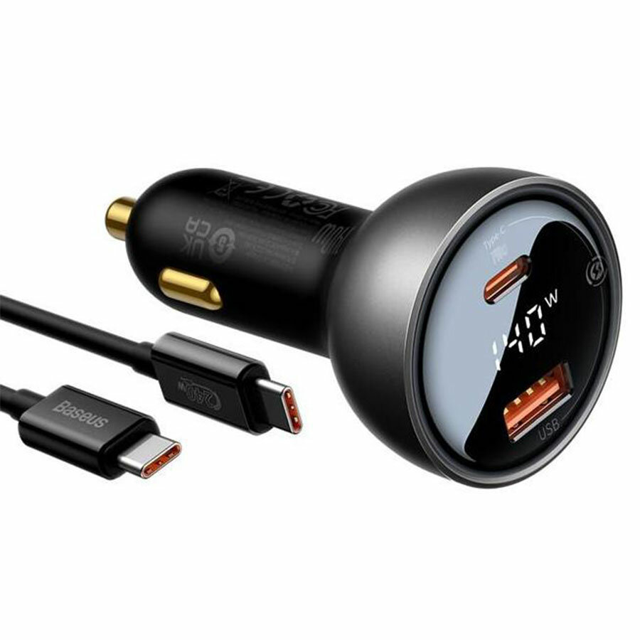 Автомобильное зарядное устройство BASEUS Superme Digital Display, 1xUSB + 1xUSB-C с Кабелем Type-C - Type-C, 5A, 95W, черный