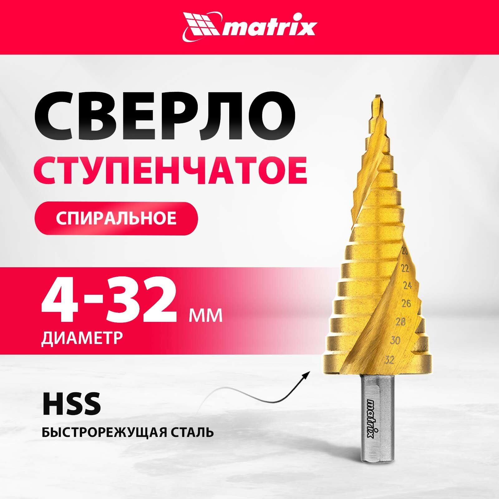 Сверло ступенчатое Matrix 4-6-8-10-12-14-16-18-20-22-24-26-28-30-32 мм, HSS, спирал. проф, трехгр. хв. 72359