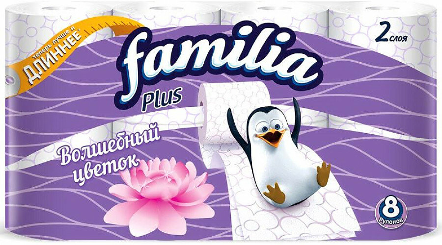Туалетная бумага Familia "Волшебный цветок" 2-слойная 8 рулонов, 1 упаковка