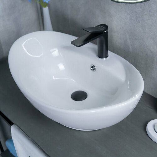 Комплект 3 предмета: Керамическая накладная раковина для ванной Gid N9018 с сифоном А-3202 и донным клапаном хром H6716