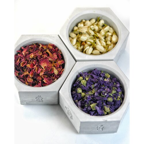 Набор сухих цветов для декора, поделок Роза (лепестки), 25 гр, Мальва (цветы), 30 гр, Жасмин (бутоны), 50 гр