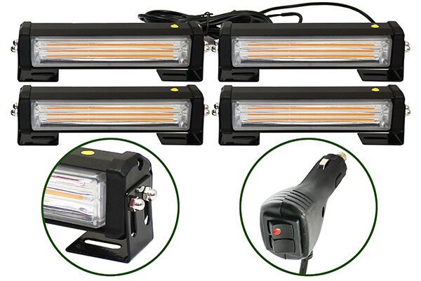 Маяк проблесковый светодиодный 10-30 V комплект 4шт, 8 режимов, 24W, LED COB 4x6W, 165мм, питание от прикуривателя