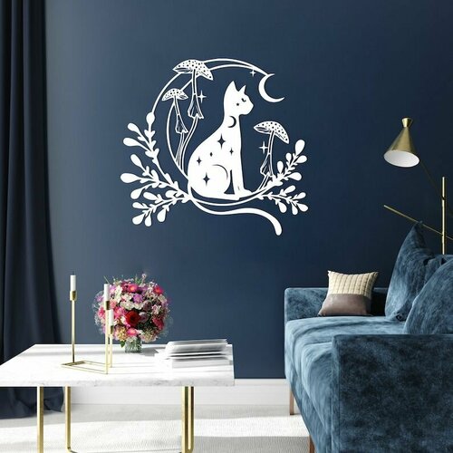 Декоративное металлическое панно, Лунный кот (белый цвет)