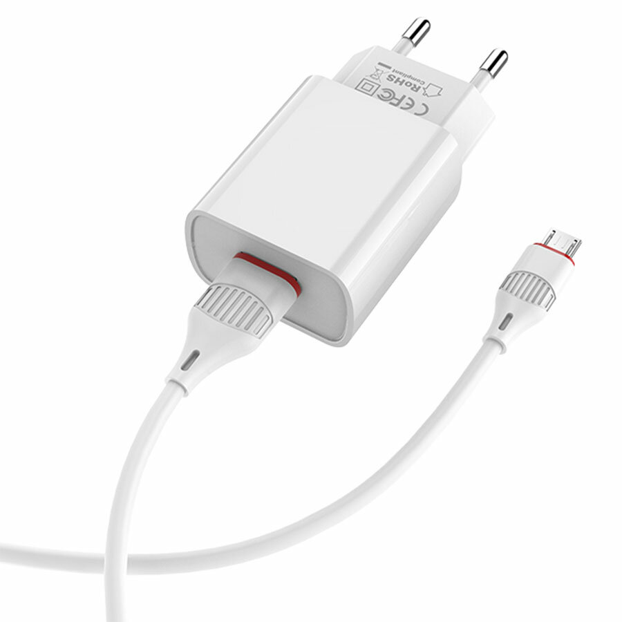 Сетевое зарядное устройство BOROFONE BA20A Sharp 1xUSB с Кабелем USB - Micro, 2.1A, белый — фото 1