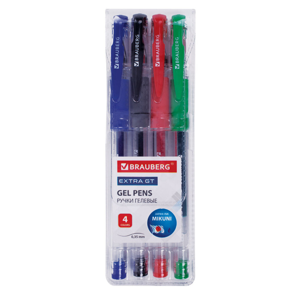 Ручки гелевые с грипом BRAUBERG "EXTRA GT", набор 4 цвета, стандартный узел 0,5 мм, линия письма 0,35 мм, 143923 упаковка 4 шт.