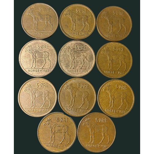 Норвегия. Комплект монет 5 эре, 1958-1972. Норвежский лось. Король Улаф V (1958 - 1991)