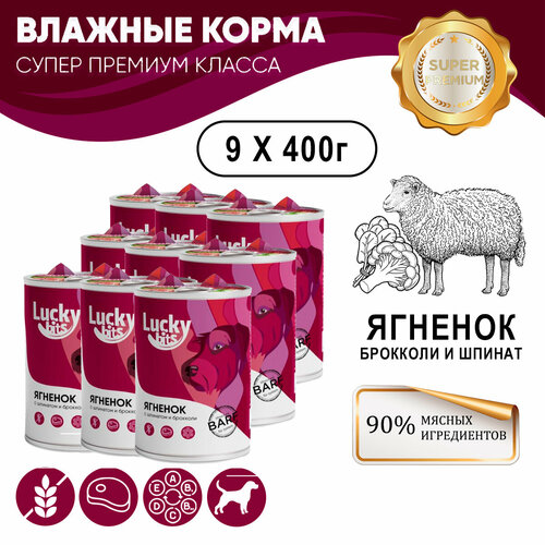 Консервы для собак Lucky bits ягненок с брокколи и шпинатом, 9 шт по 400 гр. Полнорационный корм для собак всех пород с 6 месяцев (Лаки битс)