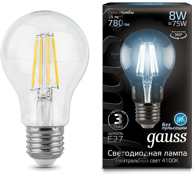 Лампа светодиодная Gauss Filament A60 8Вт цок. E27 груша 220B 4100K св. свеч. бел. нейт. упак.1шт 102802