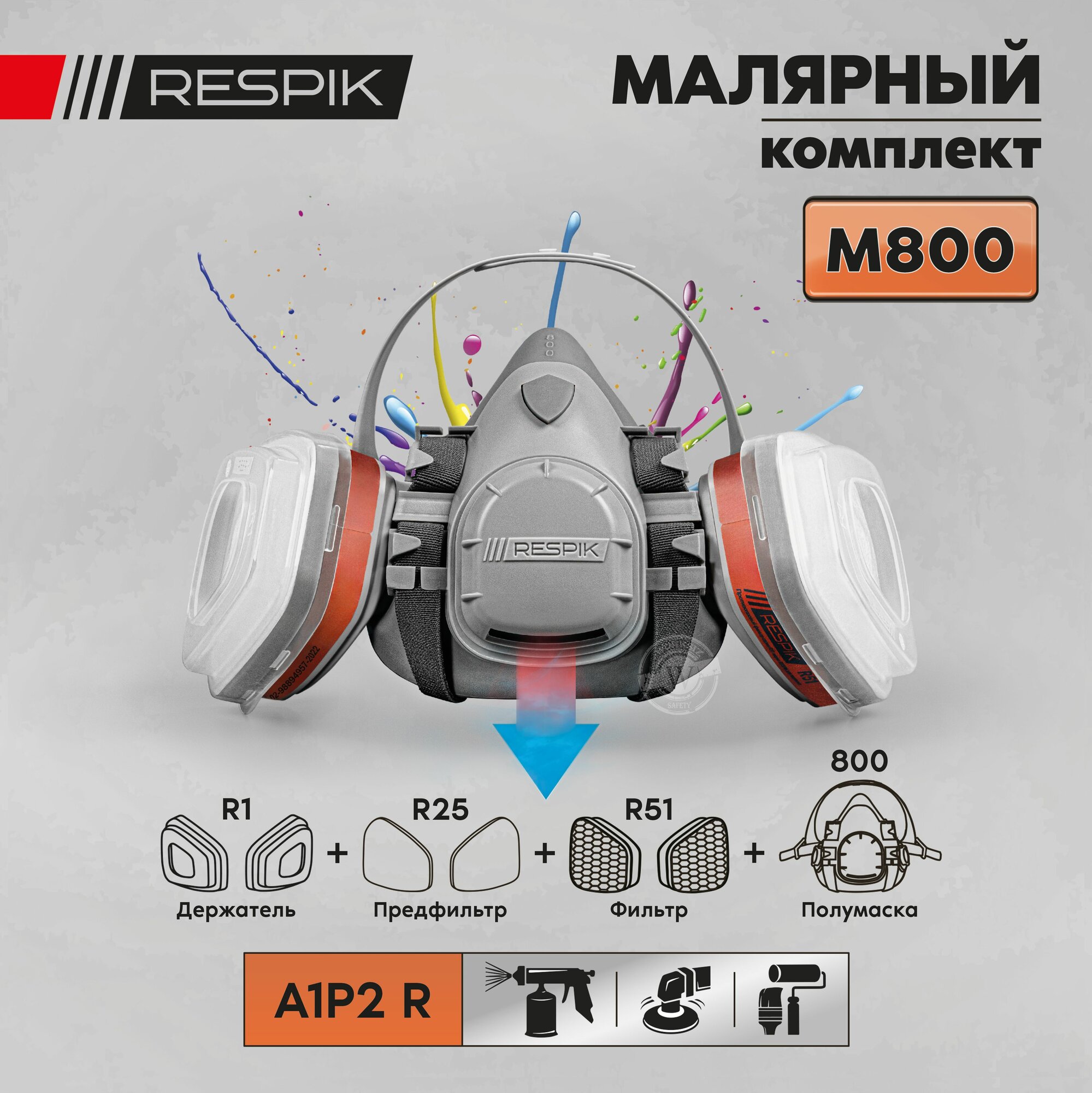 Комплект для малярных работ RESPIK® M803 (полумаска / респиратор RESPIK® M803, фильтры R51, предфильтры R25, держатели предфильтра R1) / большой размер L