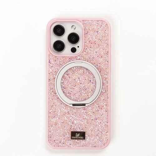 Чехол Swarovski для iPhone 15 Pro Max c кольцом держателем / с попсокет / Розовый