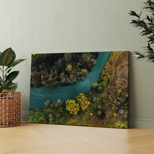 Картина на холсте (Осеньский пейзаж с мужчиной у реки) 20x30 см. Интерьерная, на стену.