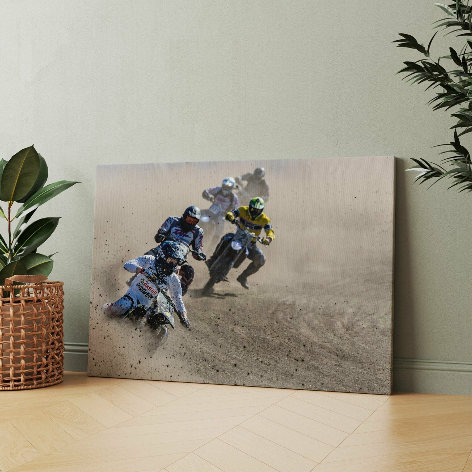 Картина на холсте (мотоцикл гонки на с коляской с боями sony и трасса для обнинск) 50x70 см для интерьера в комнату на стену в подарок