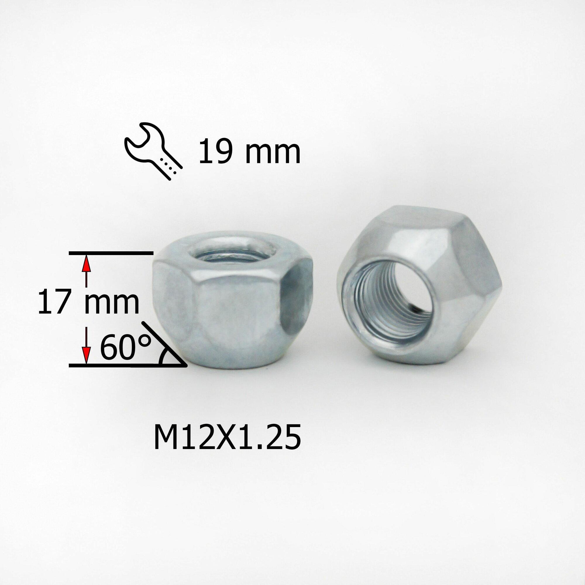 Гайка колесная M12х1,25 высота 17мм, Конус, открытая, ключ 19мм, Цинк