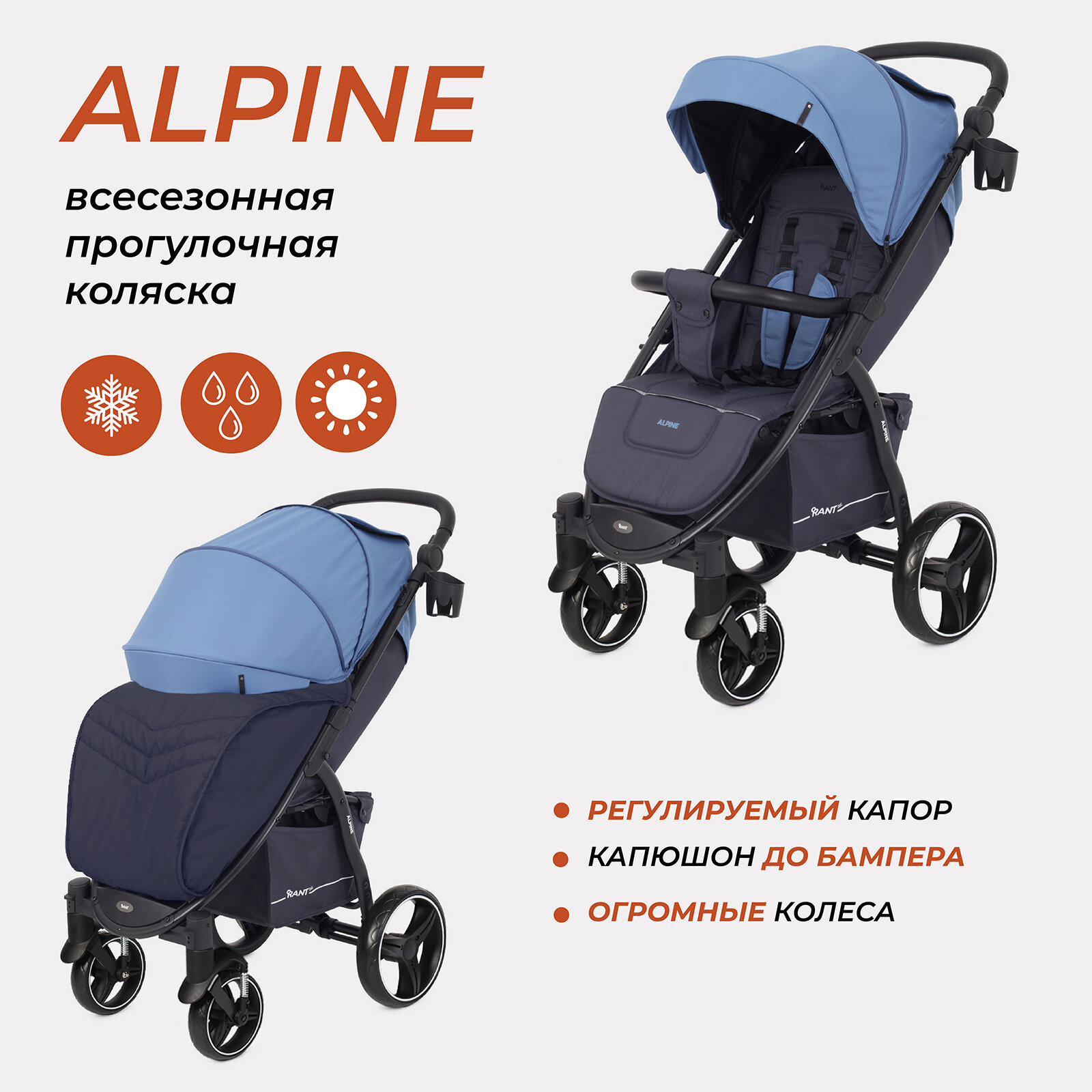 Коляска прогулочная всесезонная Rant basic Alpine RA450, Blue