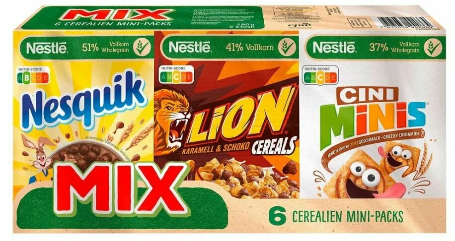 Сухой Завтрак Nestle Mix 6 Mini Packs/Нестле Хлопья Микс Набор из 6шт общий вес 200гр (Великобритания)/Несквик-Лион-Сини Минис