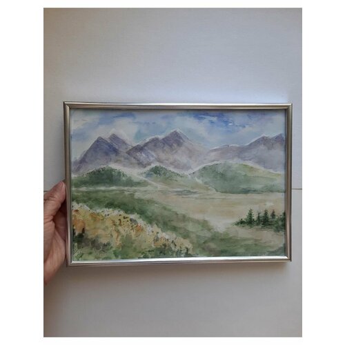 Картина Пейзаж полянкой и горами акварелью 20 х 30 см