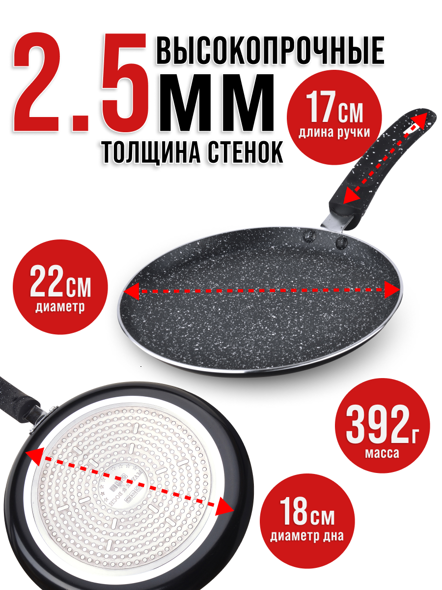 Сковорода блинная 22см с мраморной крошкой и антипригарным покрытием, индукционное дно MAYER&BOCH — фото 1